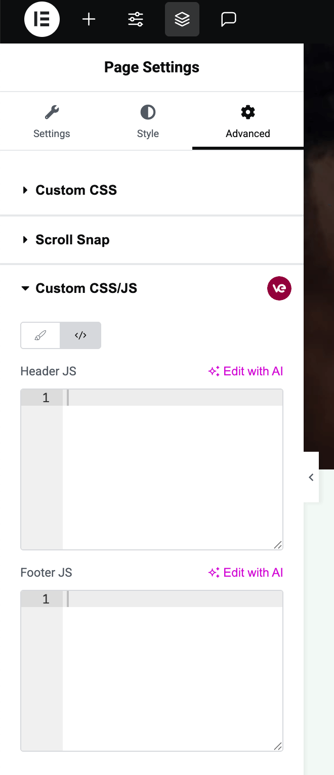 Page Settings showing Custom CSS and JS tabs