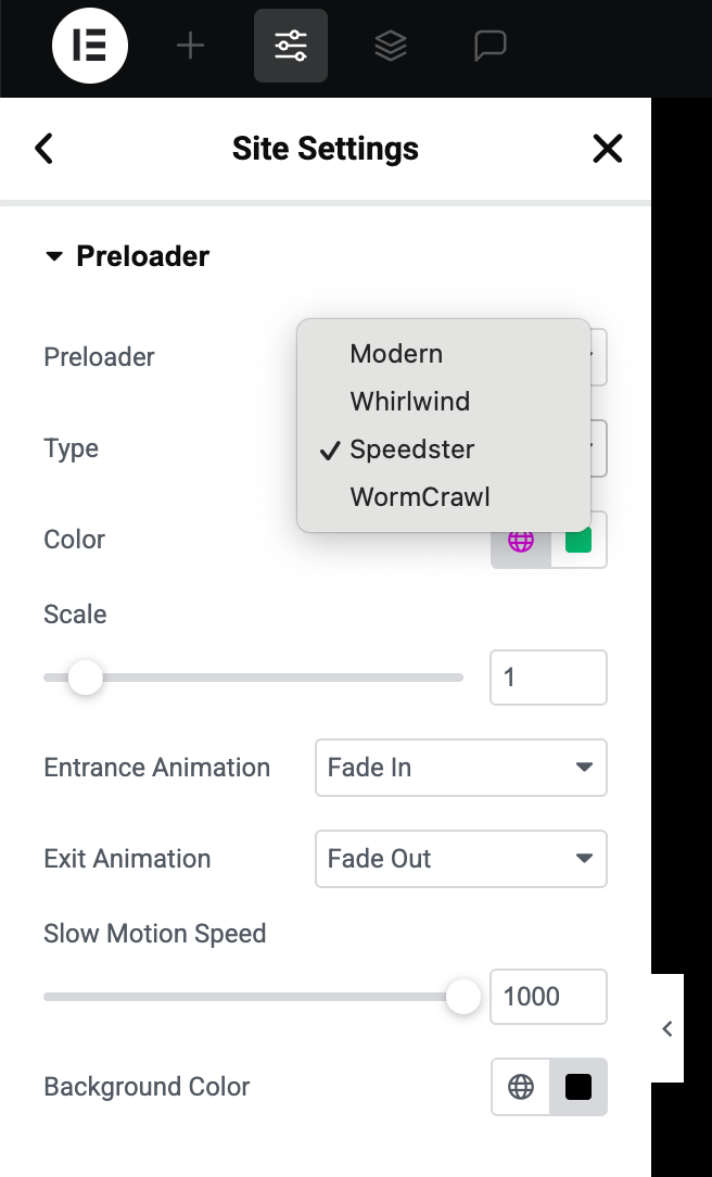 Vertex preloader settings in Site Settings