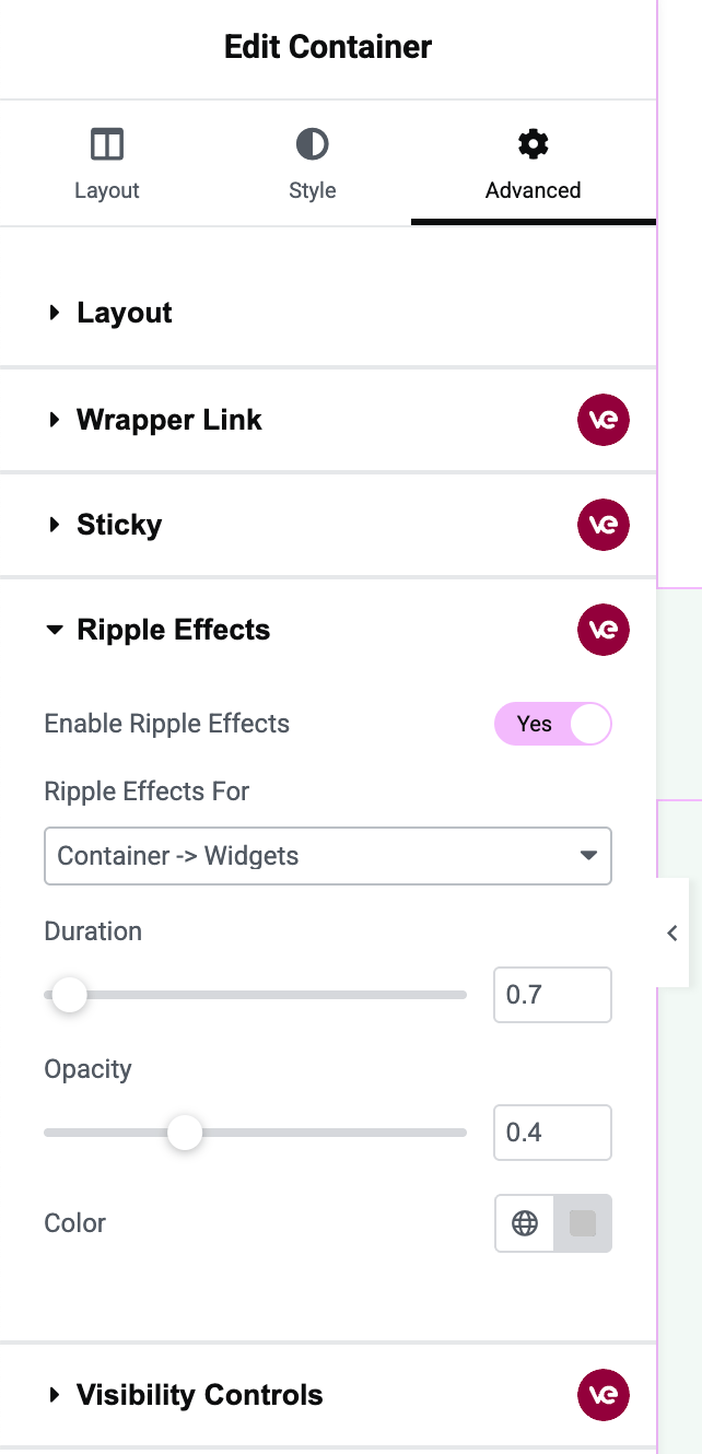 Ripple Effects settings in Elementor's Advanced tab