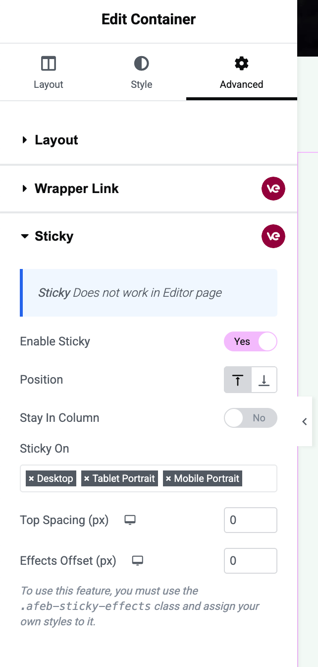 Sticky extension options in the Elementor Advanced tab