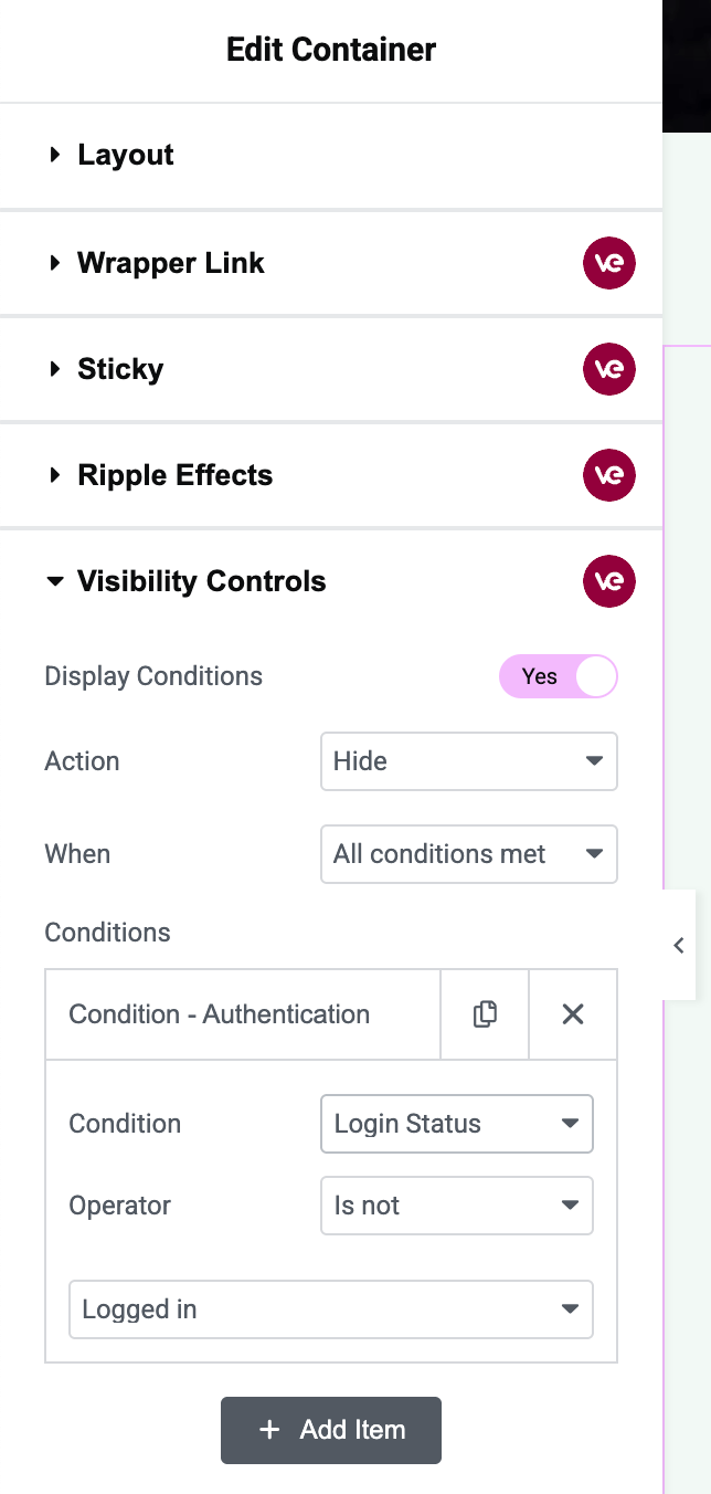 Visibility Controls panel in Advanced tab with conditions set