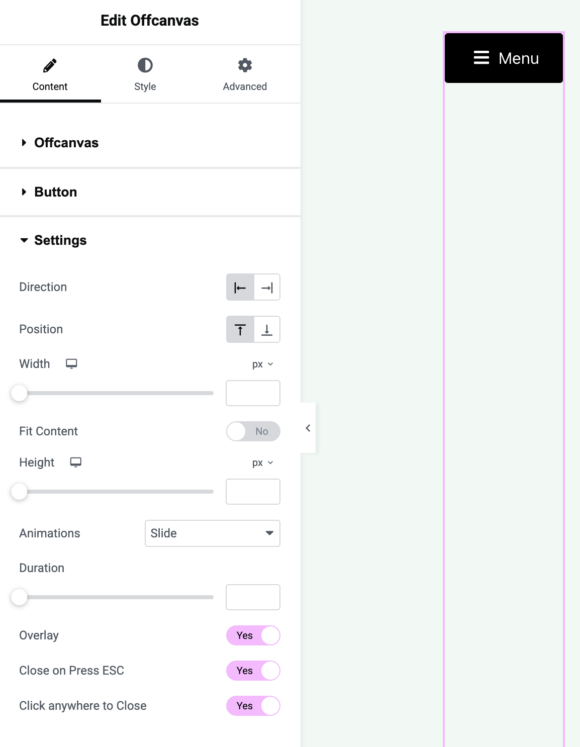 Offcanvas Menu Widget Settings