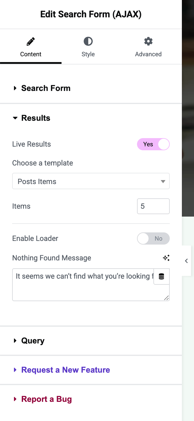 Search Input Widget Settings
