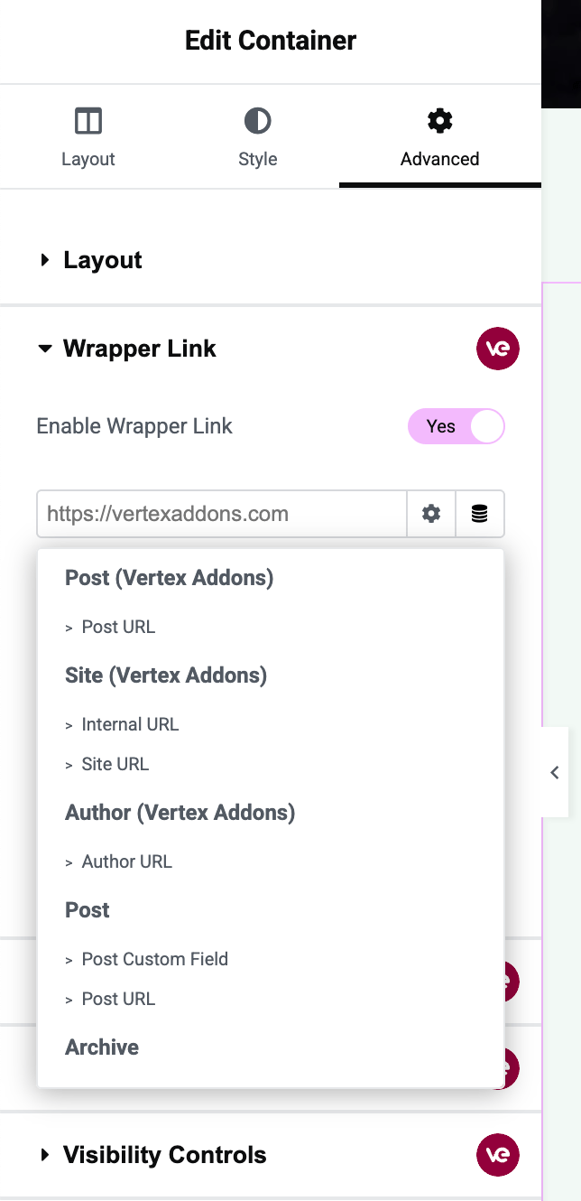 Enabling Wrapper Link on a section in the Elementor editor