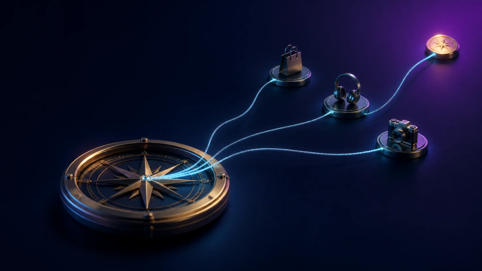 Glowing commerce connections leading from a compass hub to affiliate products