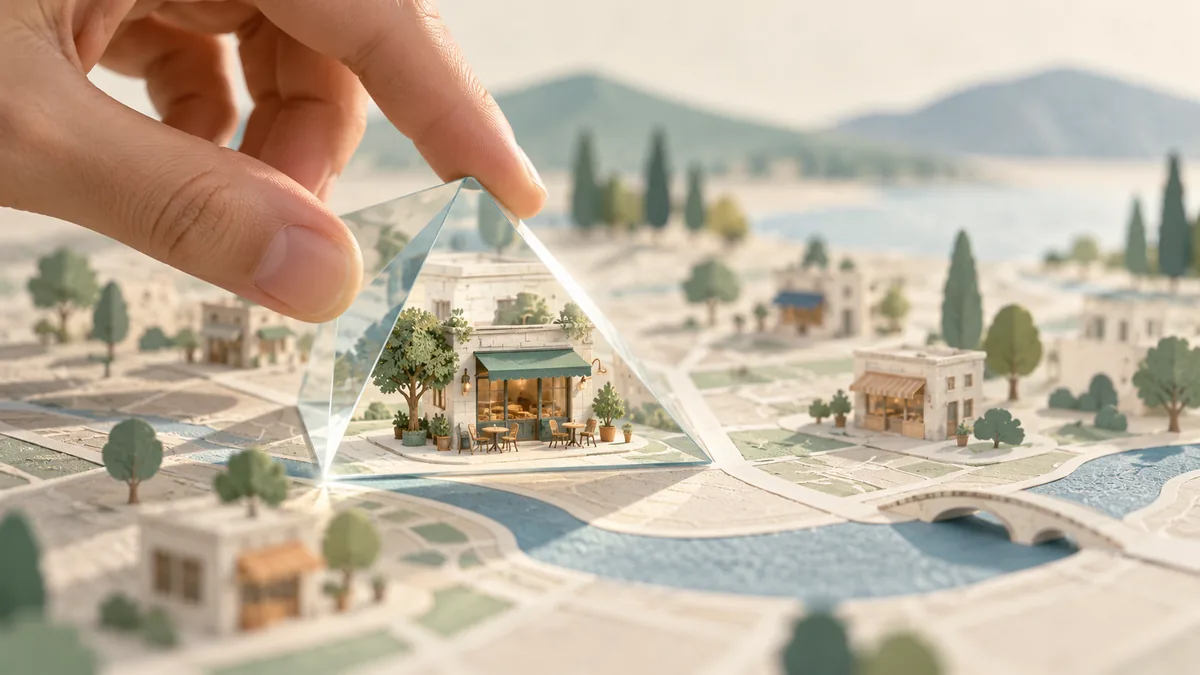A glass prism brings one neighborhood café into focus on a paper directory map