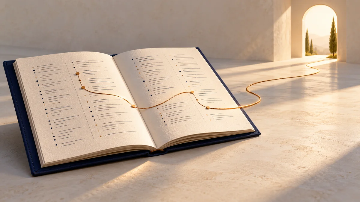 An open directory index guides a copper path toward a sunlit doorway