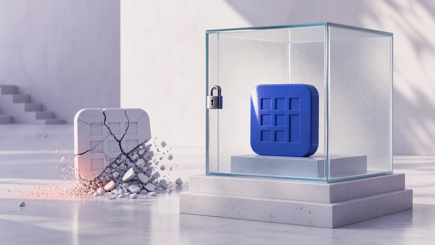 Protected blue directory tile in a glass case beside a cracked counterfeit tile