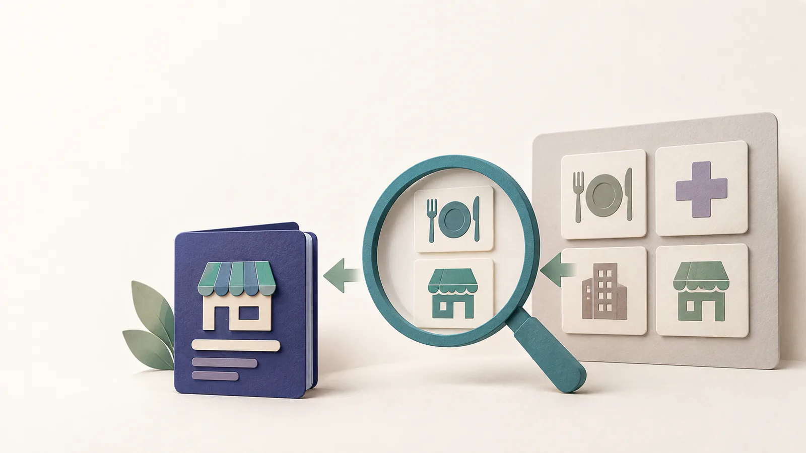 A broad group of directory categories narrowed through a magnifying glass into one focused directory model