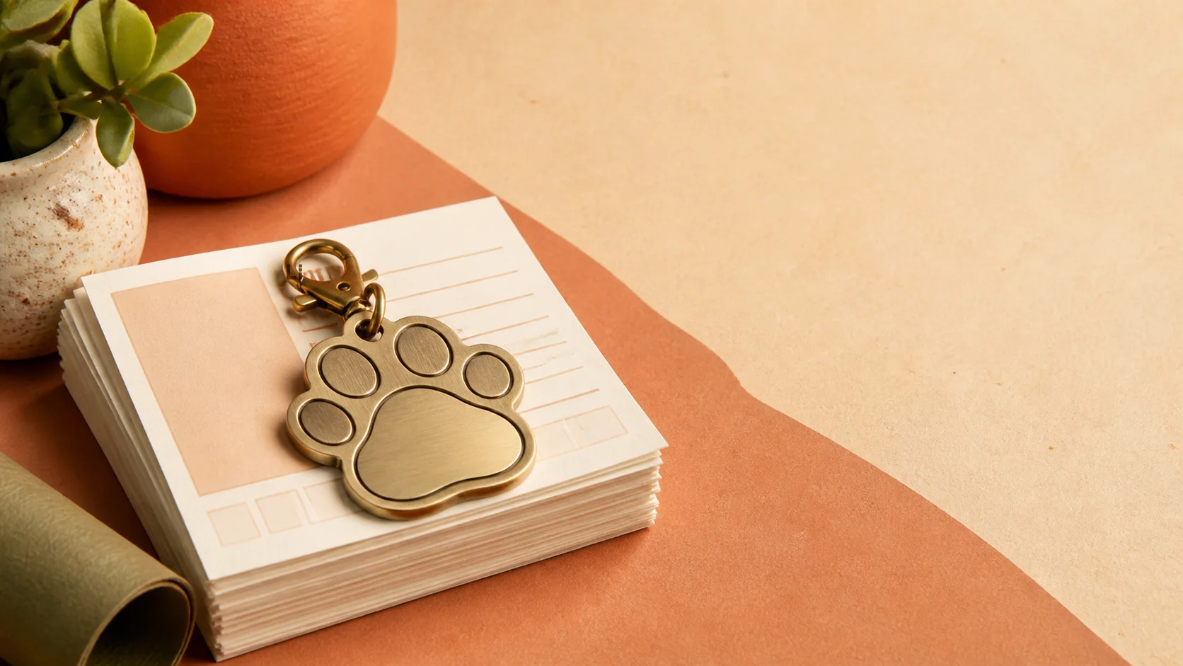 Brass paw-shaped pet ID tag resting on a stack of pet classified notices
