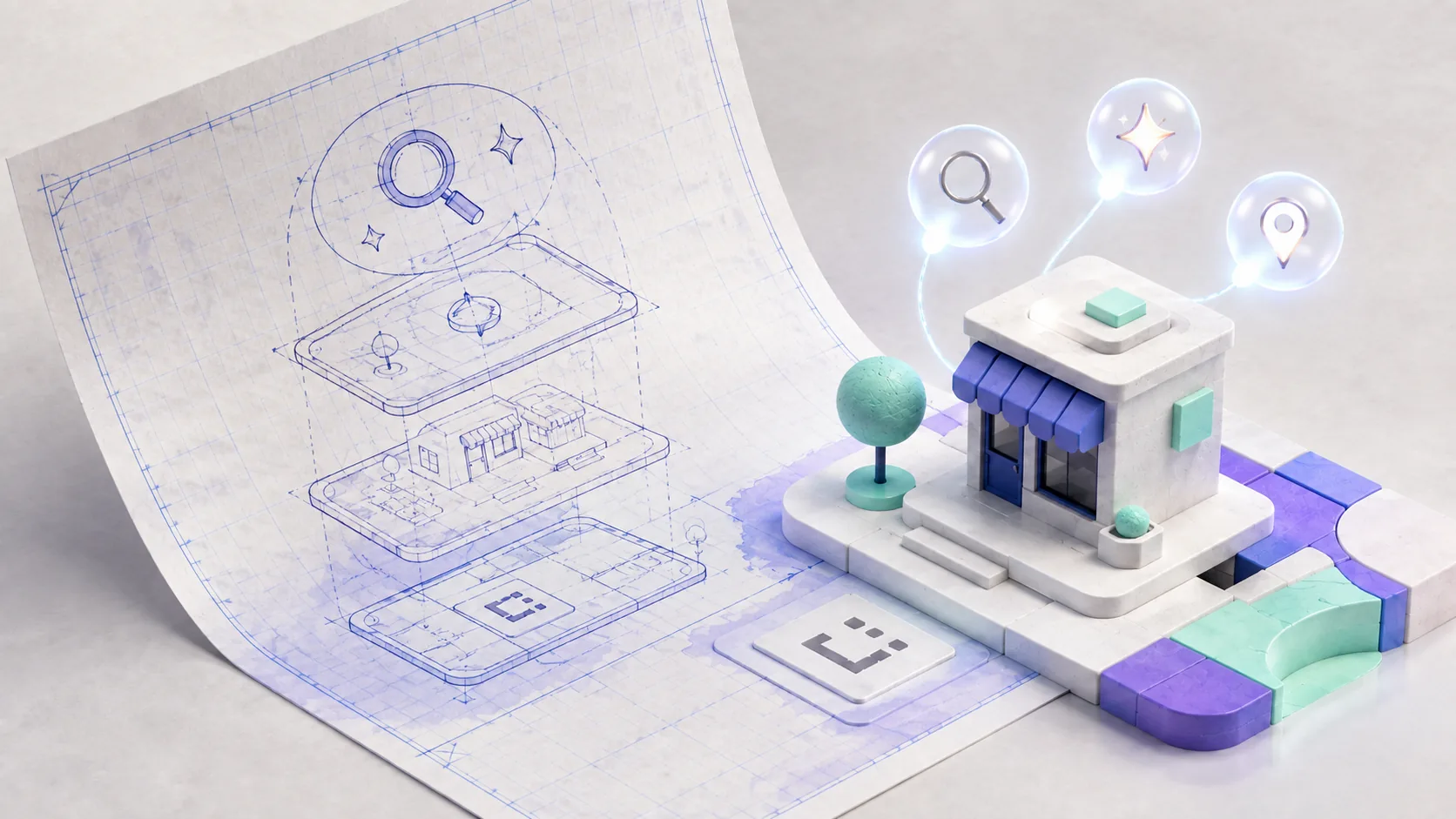 Directory website blueprint unfolding into a business listing system