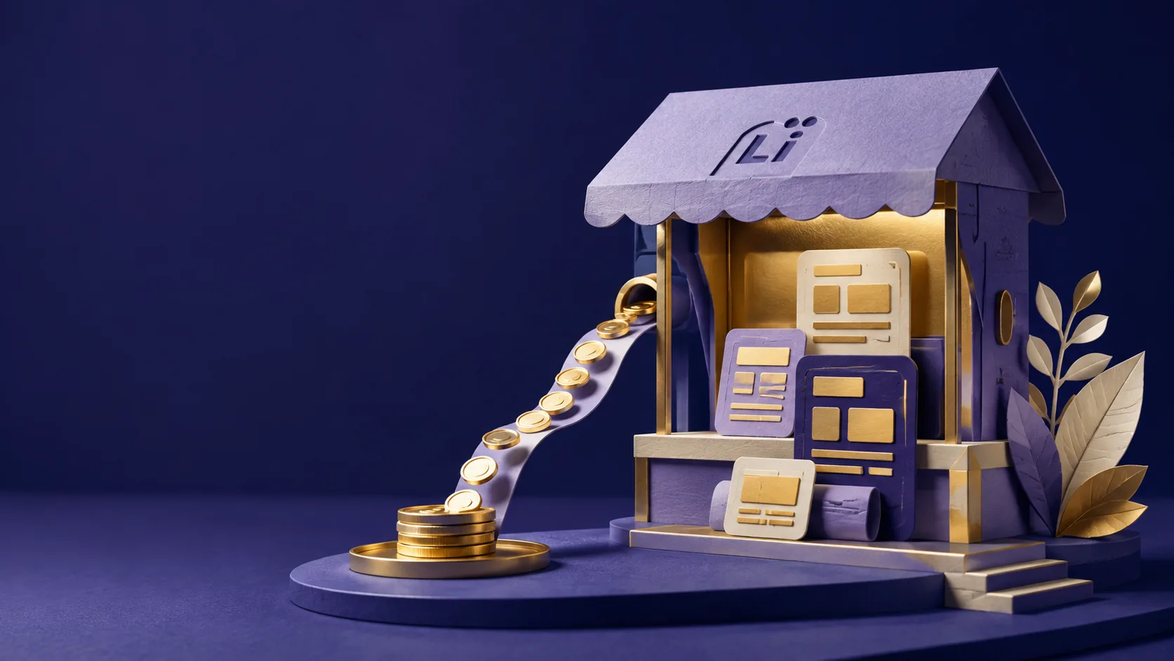 Marketplace kiosk and ticket cards representing classified website monetization