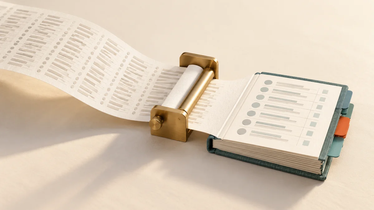 A spreadsheet of listing records passes through a brass guide into an organized, tabbed directory ledger