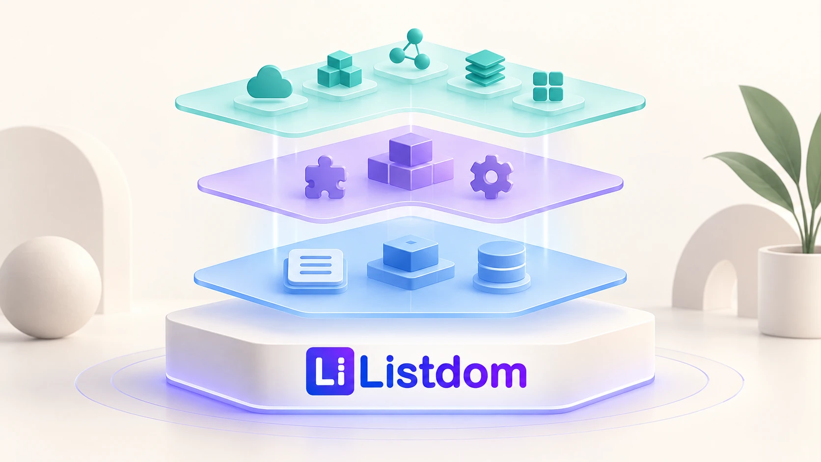 Listdom logo on a layered directory system representing the core plugin, Pro Addon, and wider ecosystem