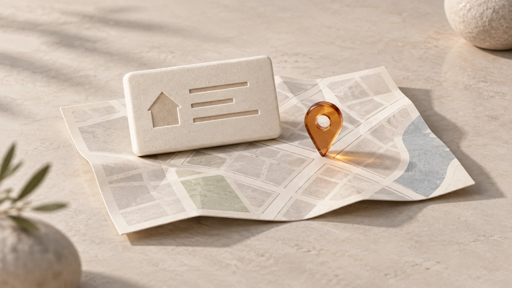 Ivory address plaque and amber location marker on a folded street map