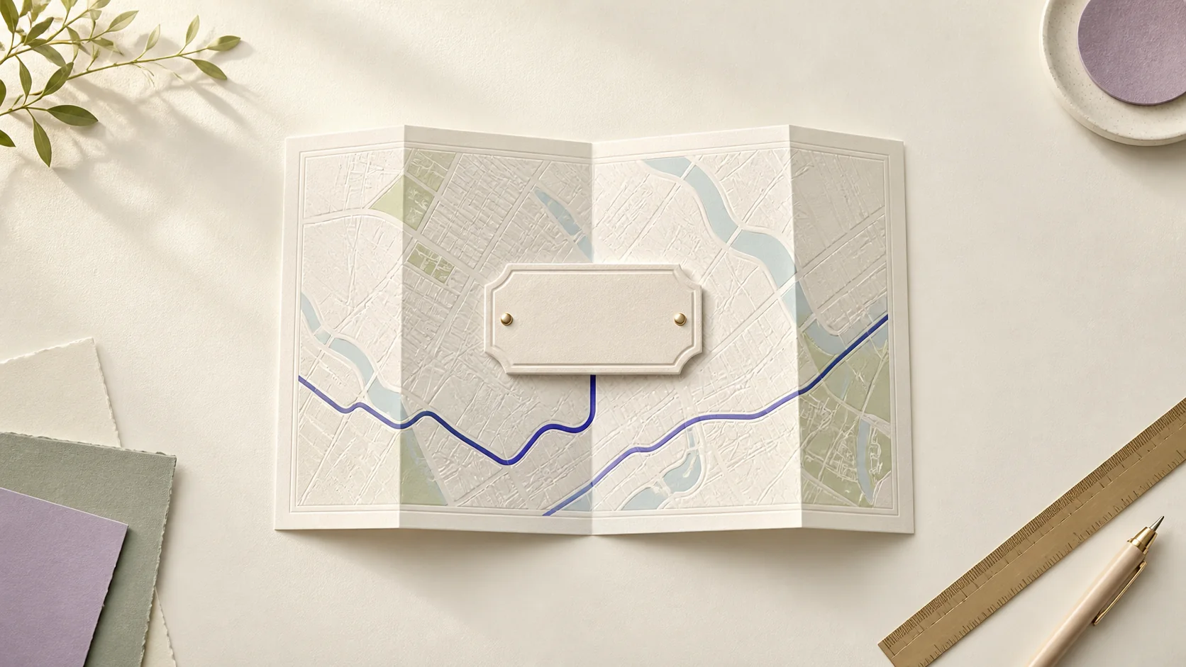 Folded city map and an address plaque connected by a blue route line