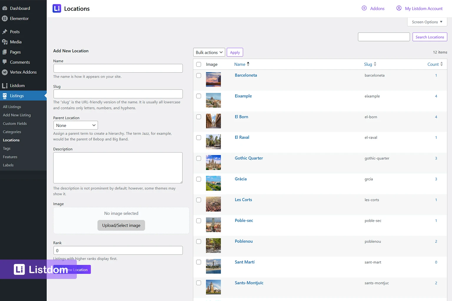 listdom new location adding form