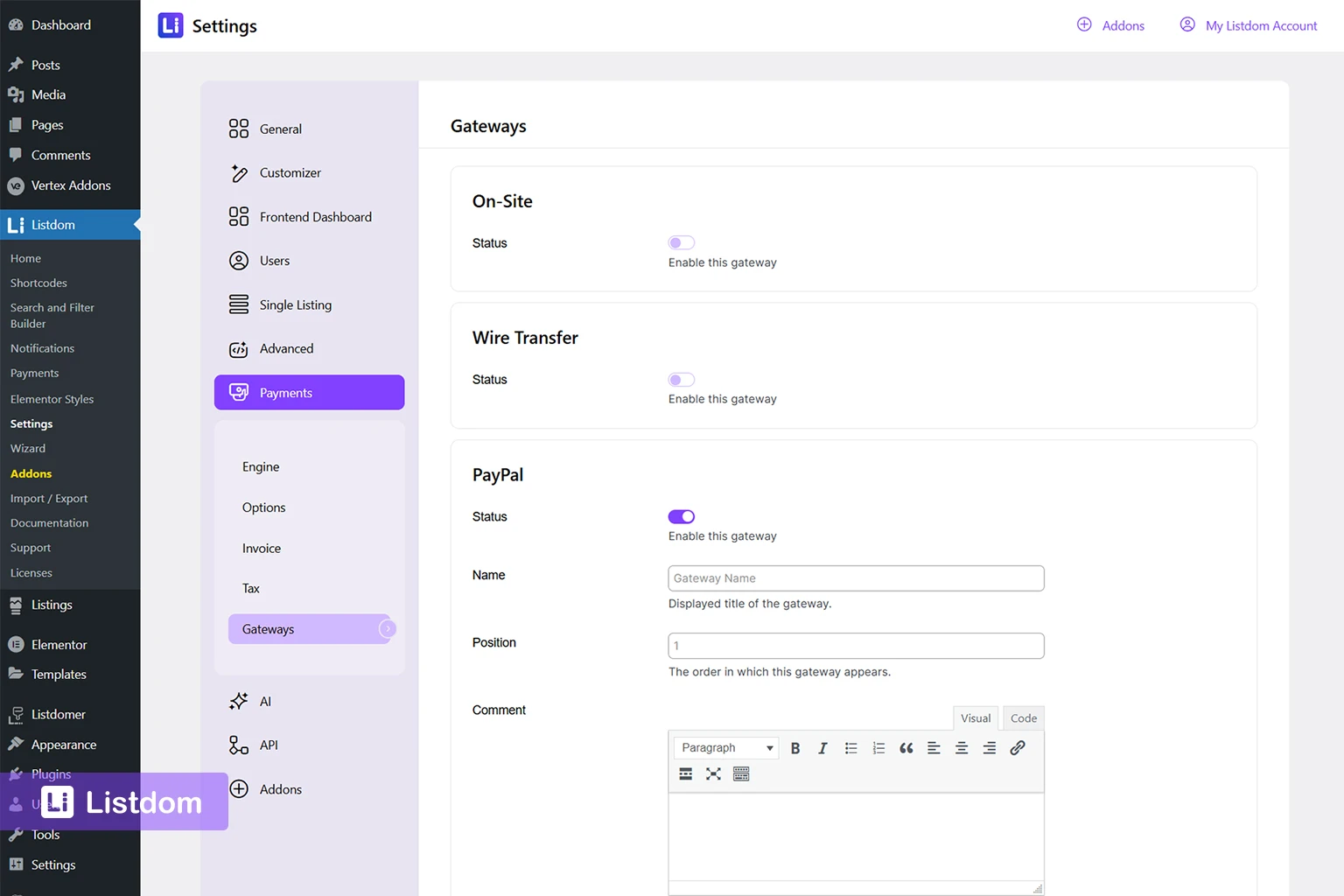 listdom payment gateways settings