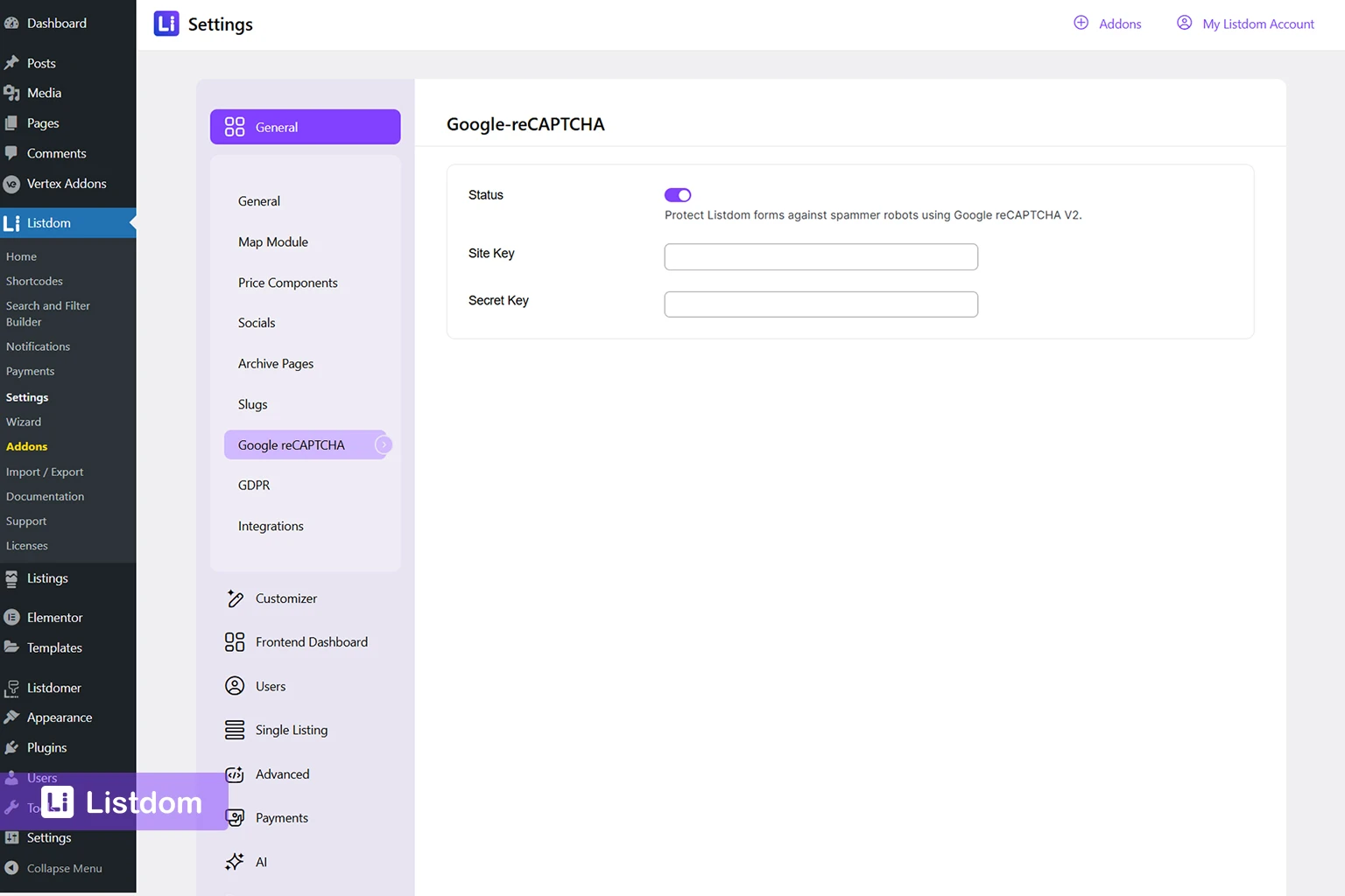 listdom recaptcha settings menu interface screenshot