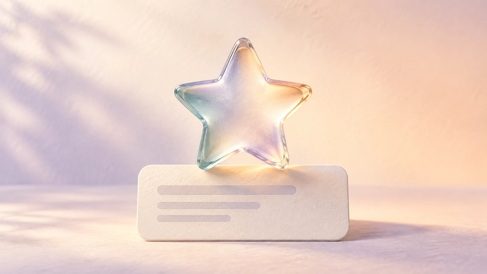 A translucent glass star above a warm paper review card