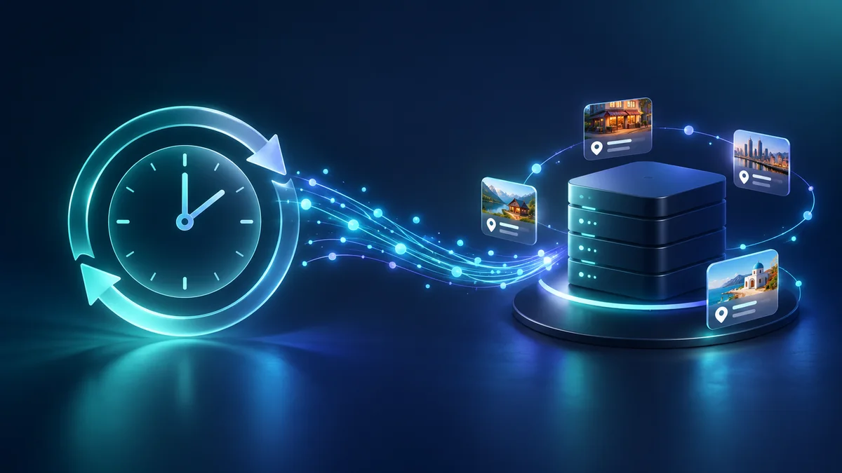 A recurring data stream carries location listings from a clock motif to a directory server