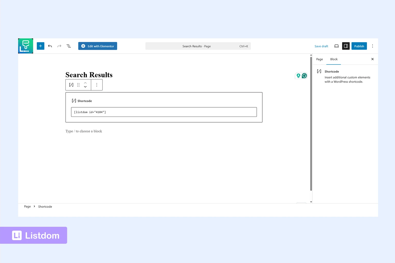 listdom shortcode inserted into the wordpress page to create a search result page