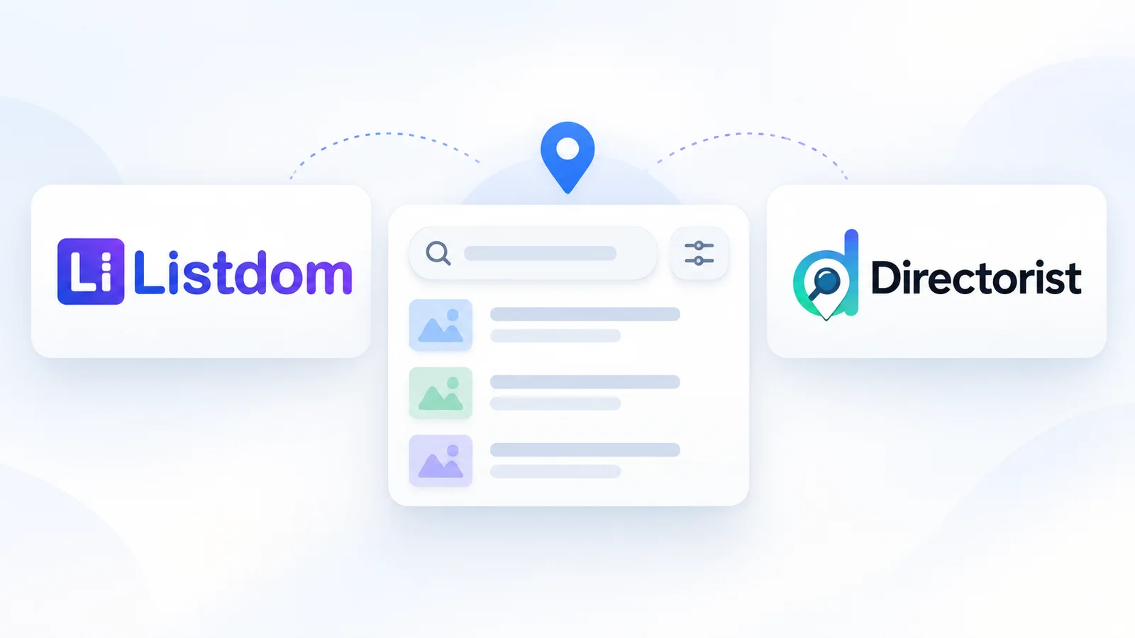 Listdom and Directorist shown with a neutral directory search filter and location-discovery view