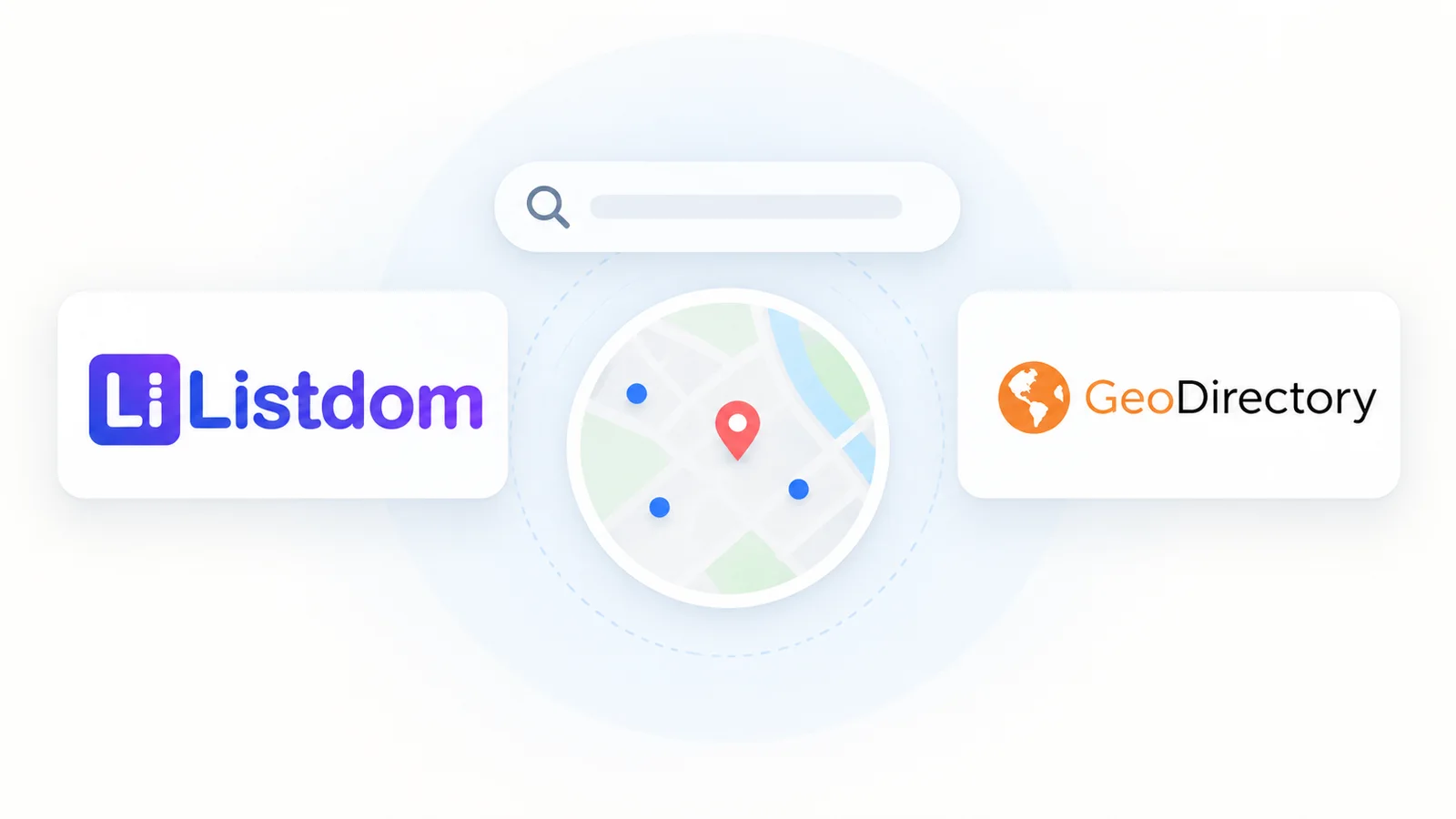 Listdom and GeoDirectory shown with a neutral directory search and location map concept