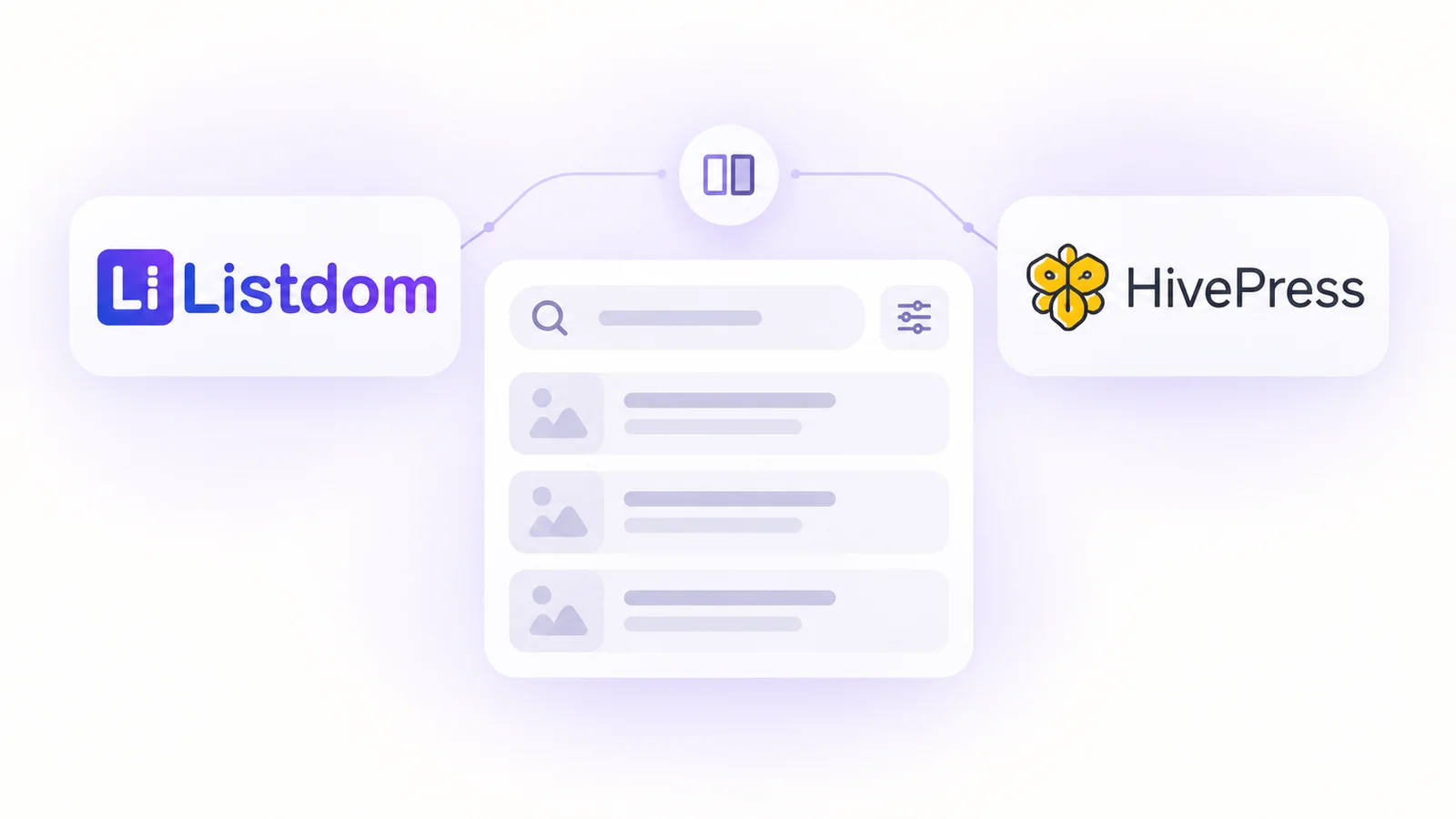 Listdom and HivePress shown with a neutral search filter and result-list concept