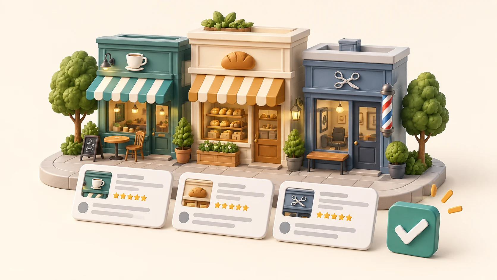 Illustrated neighborhood storefronts with matching directory listing cards and a verification check