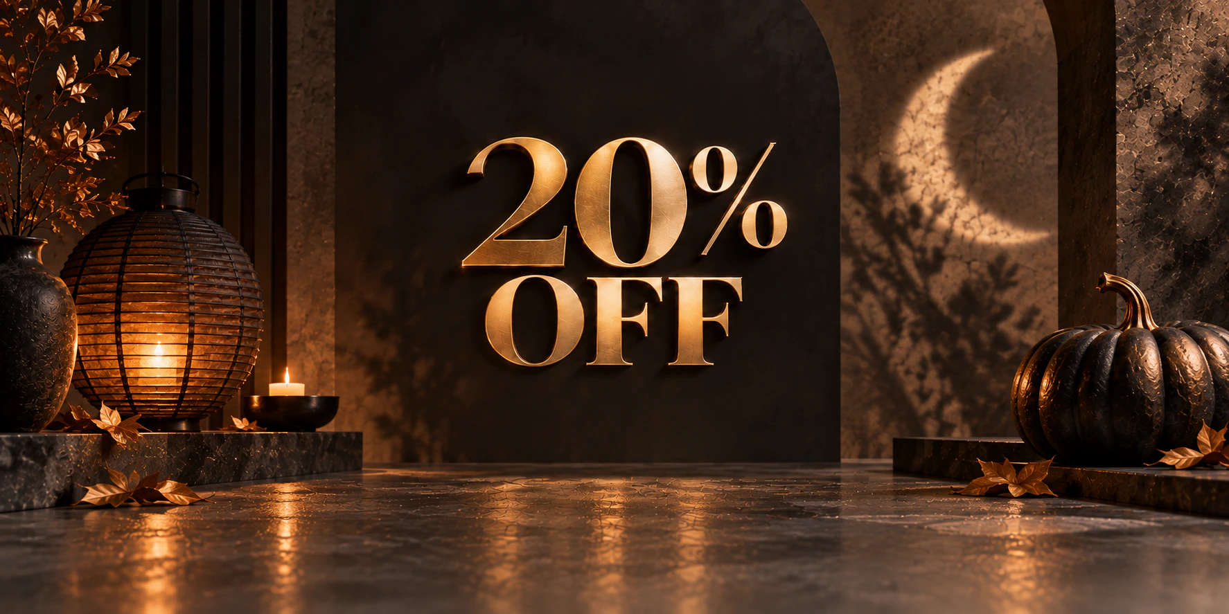 Halloween campaign artwork with an amber-lit lantern, a sculptural black pumpkin, and a 20% offer.
