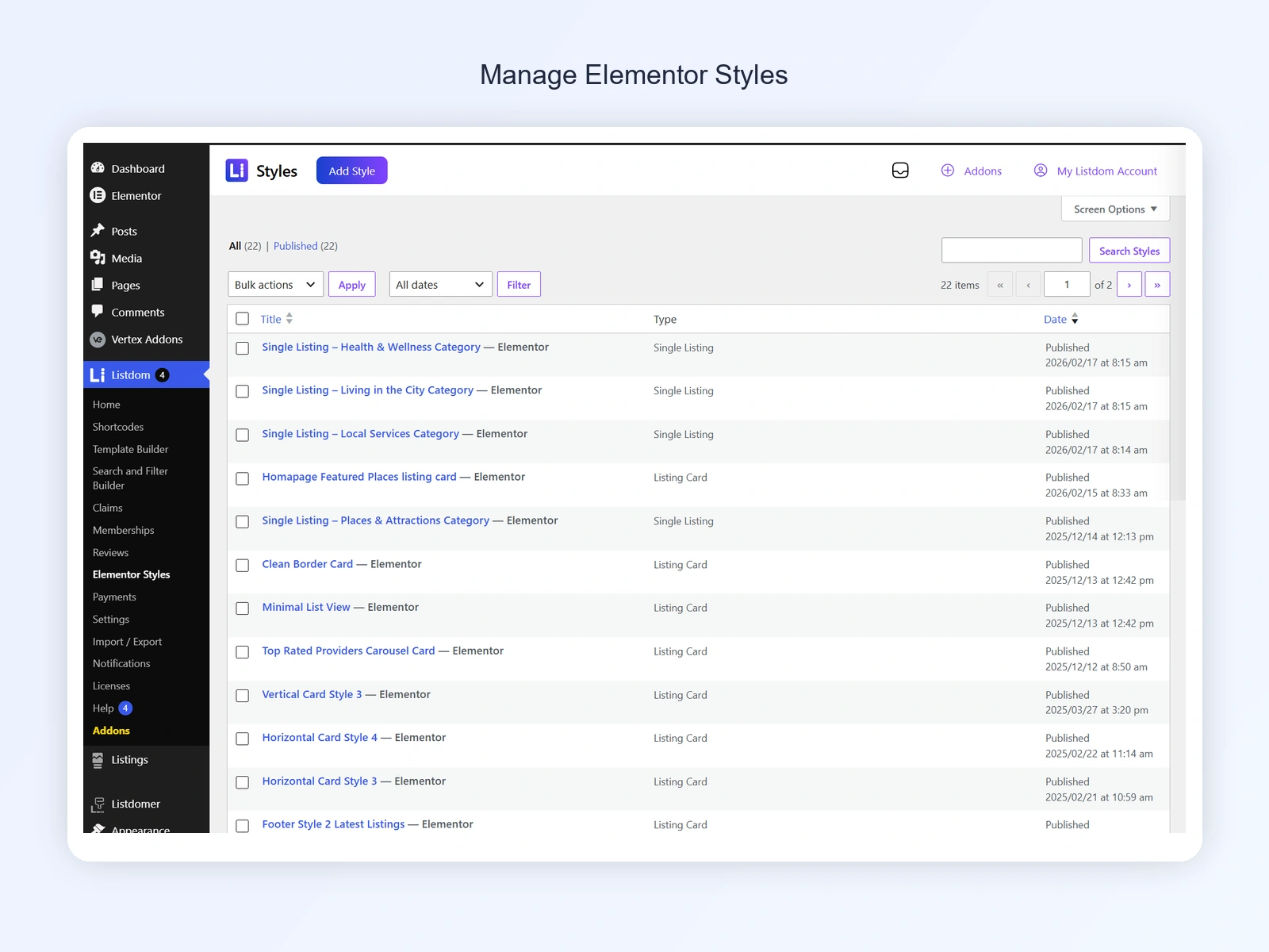 Listdom Elementor Addon styles management screen