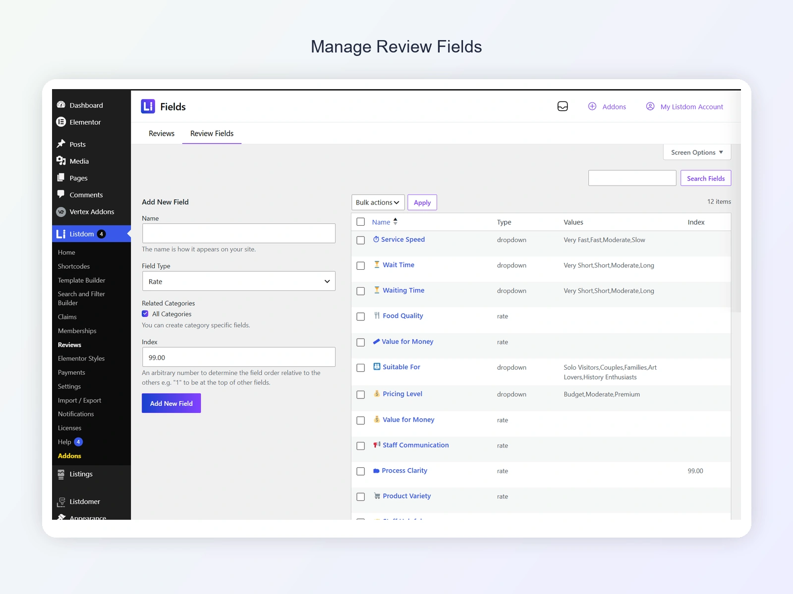 Listdom Reviews Addon review fields management screen